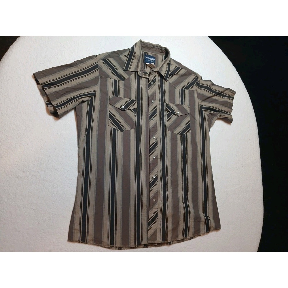 Wrangler Shirt Mens XLT Brown Stripe Short Sleeve Pearl Snap Western Cowboy Top